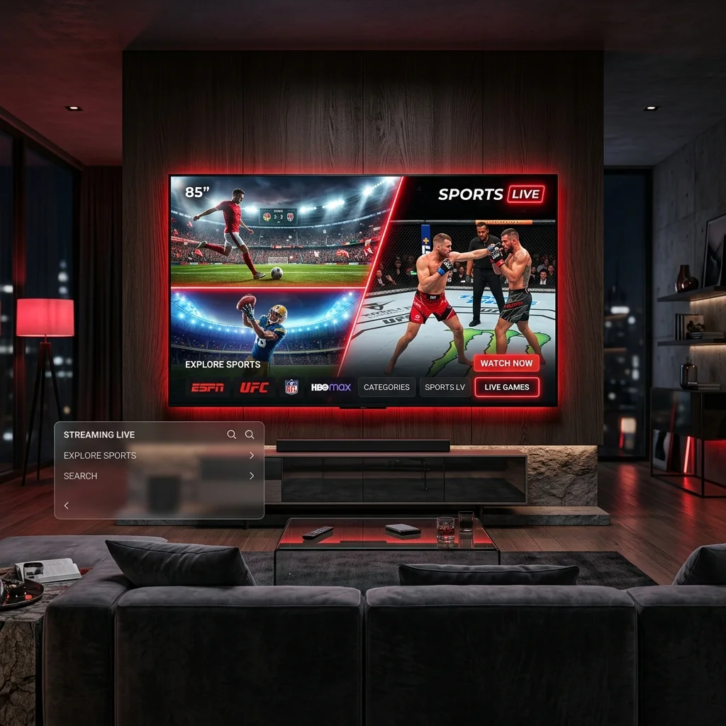 Premium 4K IPTV streaming interface on smart TV